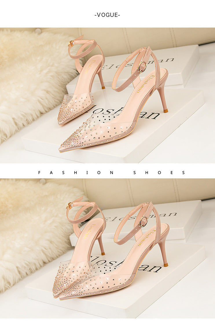 Simple pointed transparent rhinestone word with high heel sandals