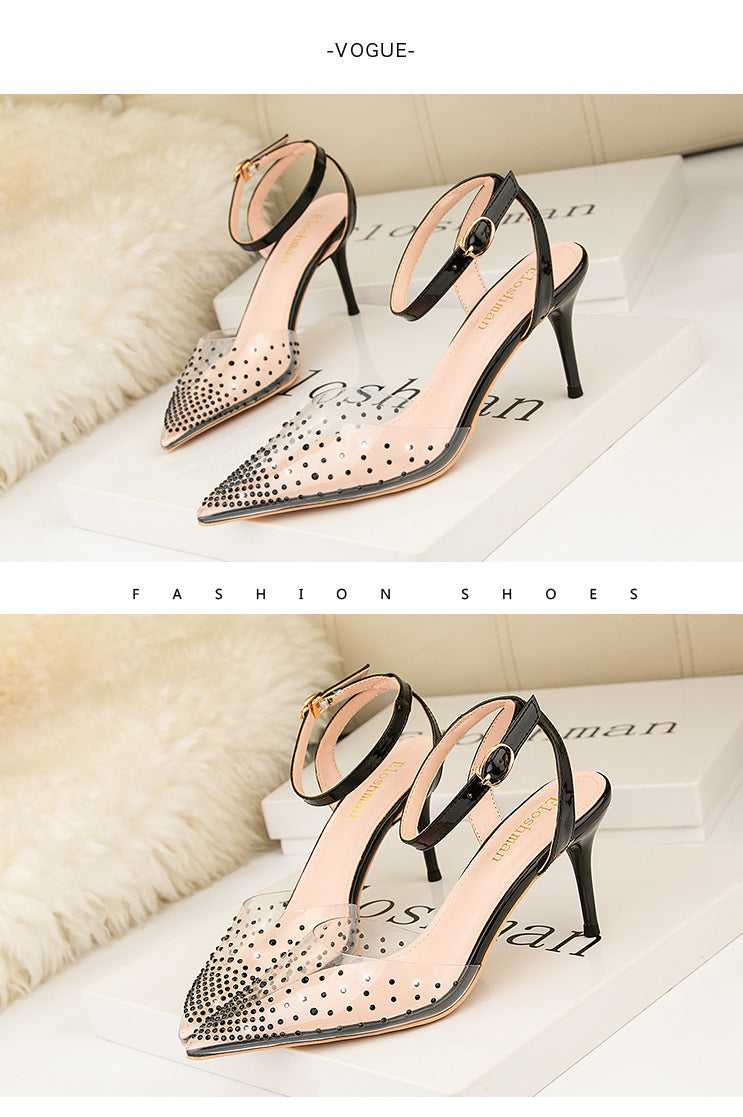 Simple pointed transparent rhinestone word with high heel sandals