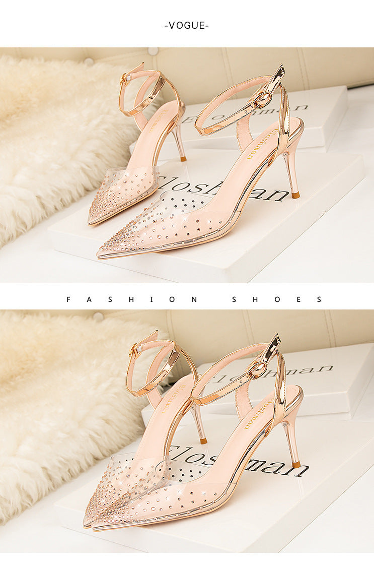 Simple pointed transparent rhinestone word with high heel sandals