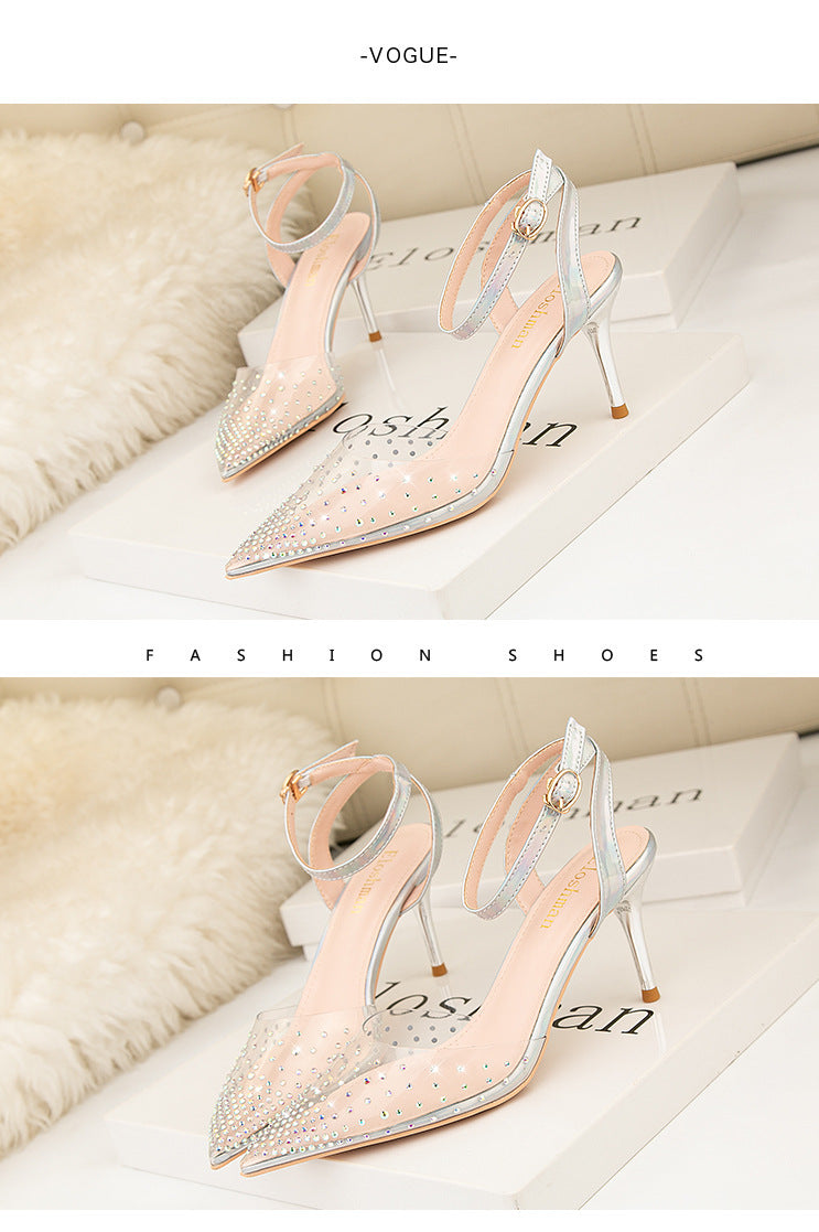 Simple pointed transparent rhinestone word with high heel sandals