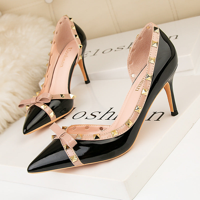 Sexy pointed side hollow rivets nightclub high heels women's shoes