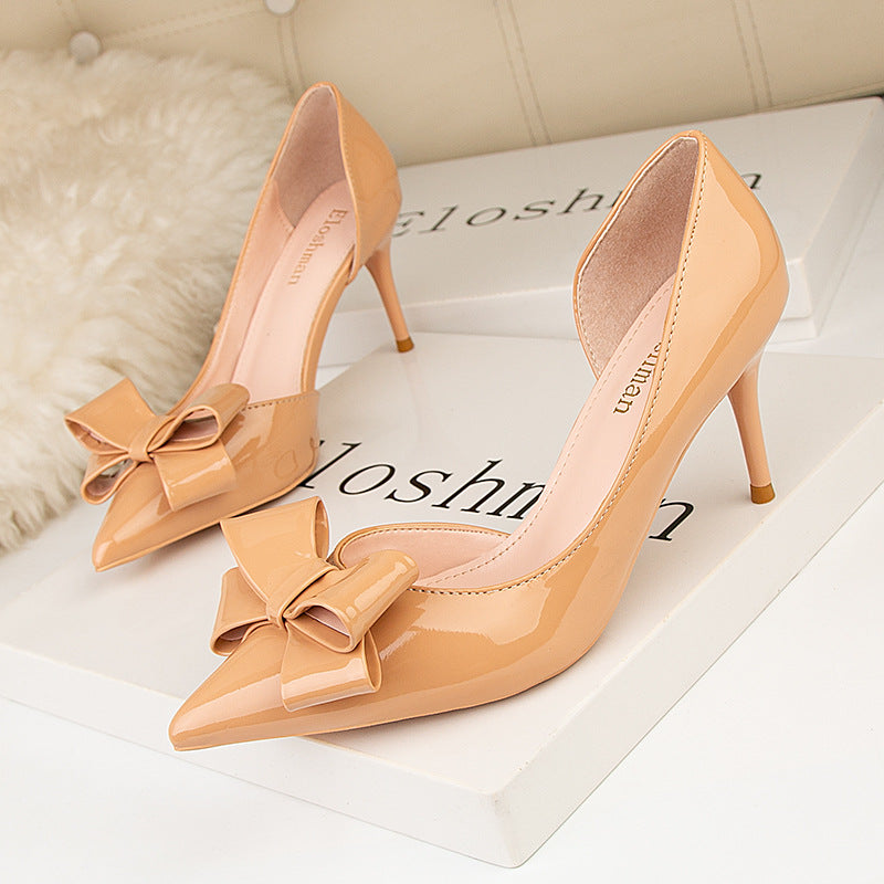 Fashion bow side hollow single shoes high heels