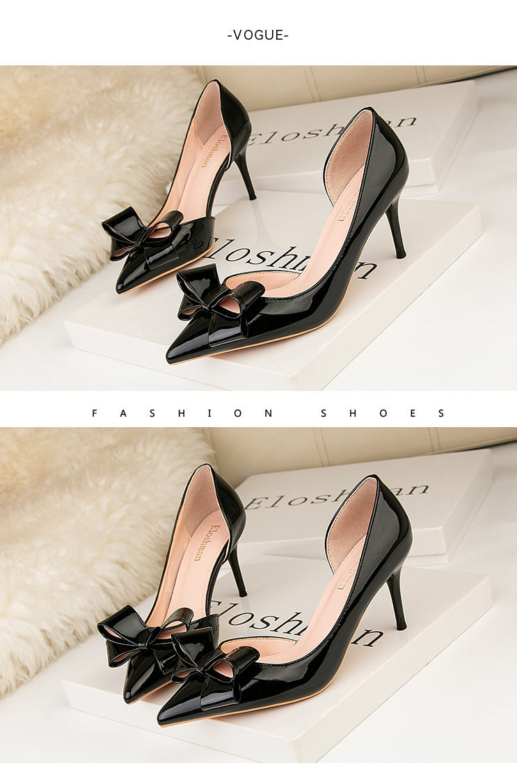 Fashion bow side hollow single shoes high heels