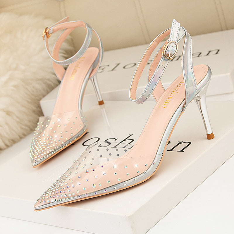 Simple pointed transparent rhinestone word with high heel sandals