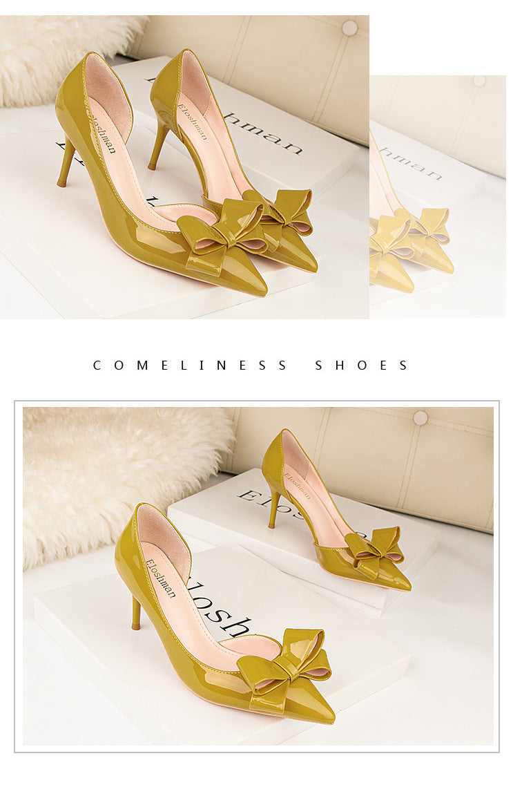 Fashion bow side hollow single shoes high heels