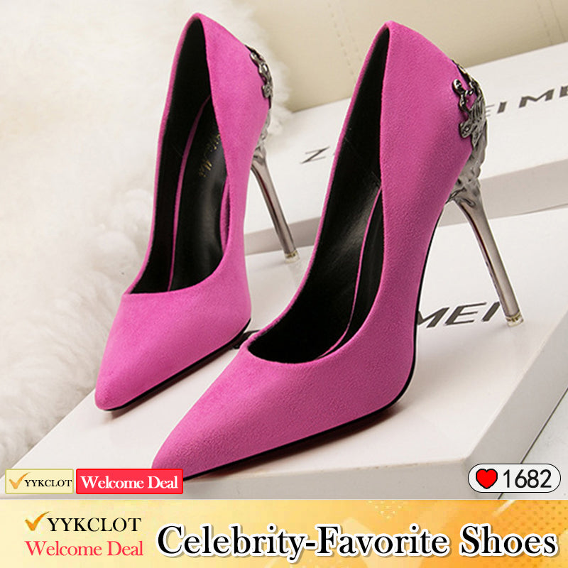 Metal hollow suede pointed heels