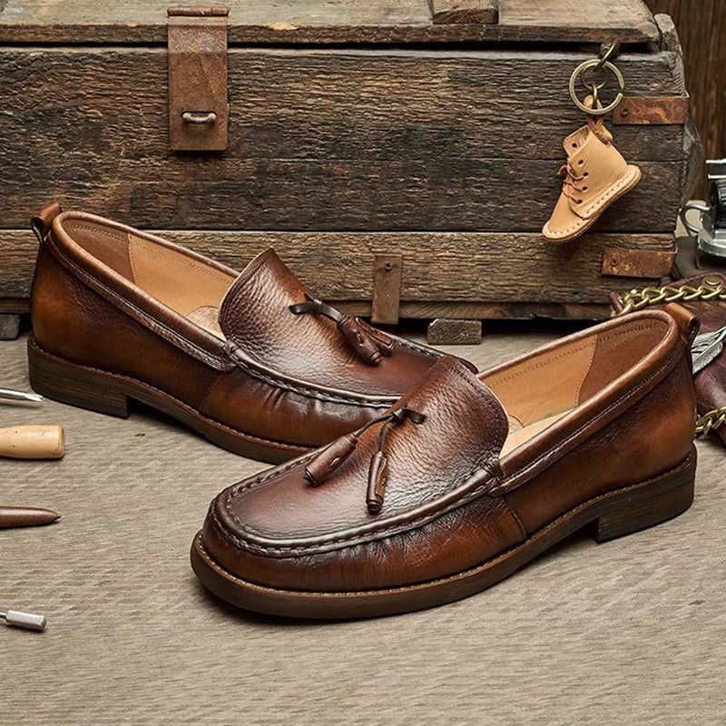 Brown genuine leather flat-bottomed men's loafers