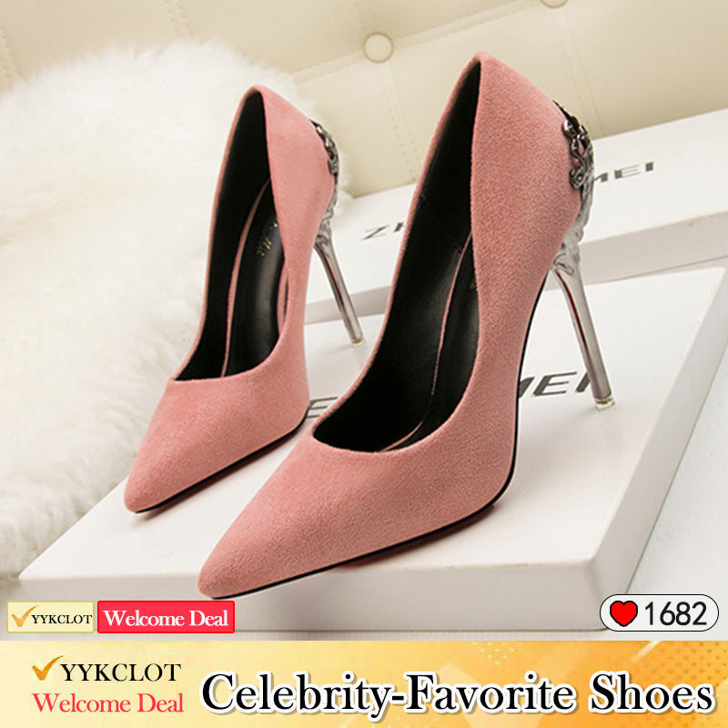 Metal hollow suede pointed heels
