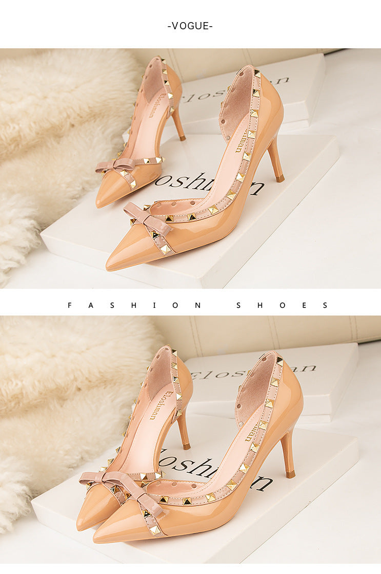 Sexy pointed side hollow rivets nightclub high heels women's shoes