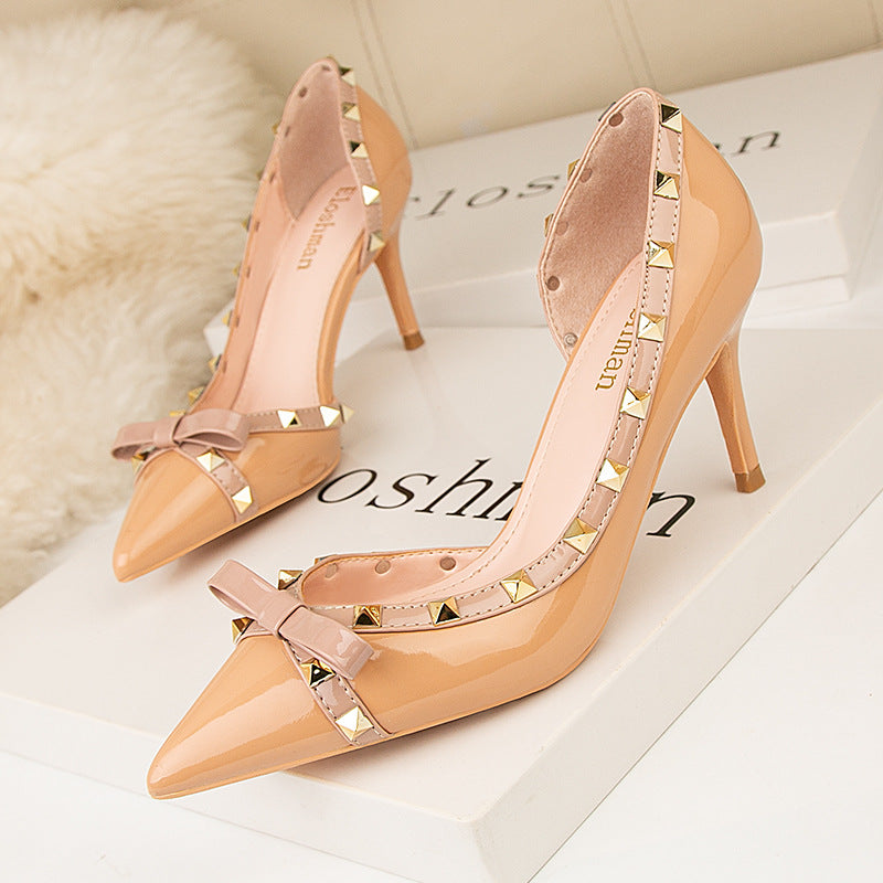 Sexy pointed side hollow rivets nightclub high heels women's shoes