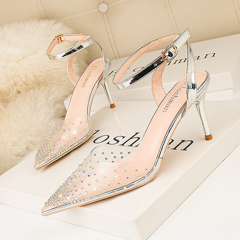 Simple pointed transparent rhinestone word with high heel sandals