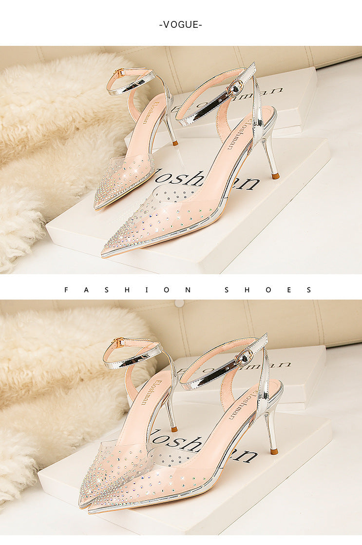 Simple pointed transparent rhinestone word with high heel sandals