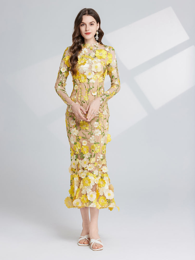 French three-dimensional embroidery long sleeved dress