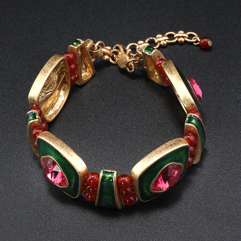 Glamorous Green - Enameled Jewelry Set with Pink Gemstones for Evening Events