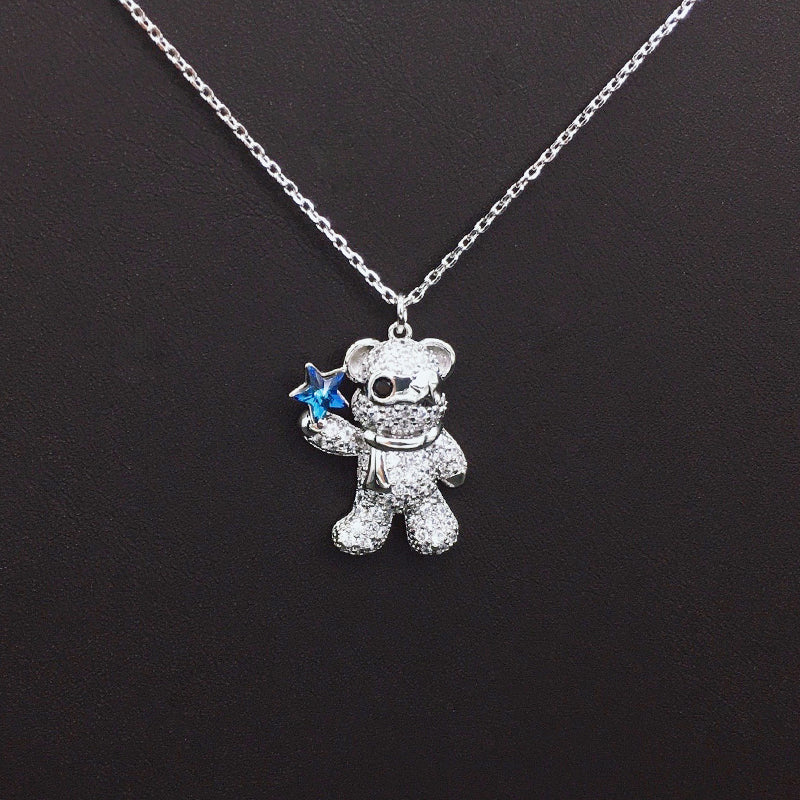 Sparkling Teddy Bear Necklace with Blue Crystal Star for Cute Daily Wear