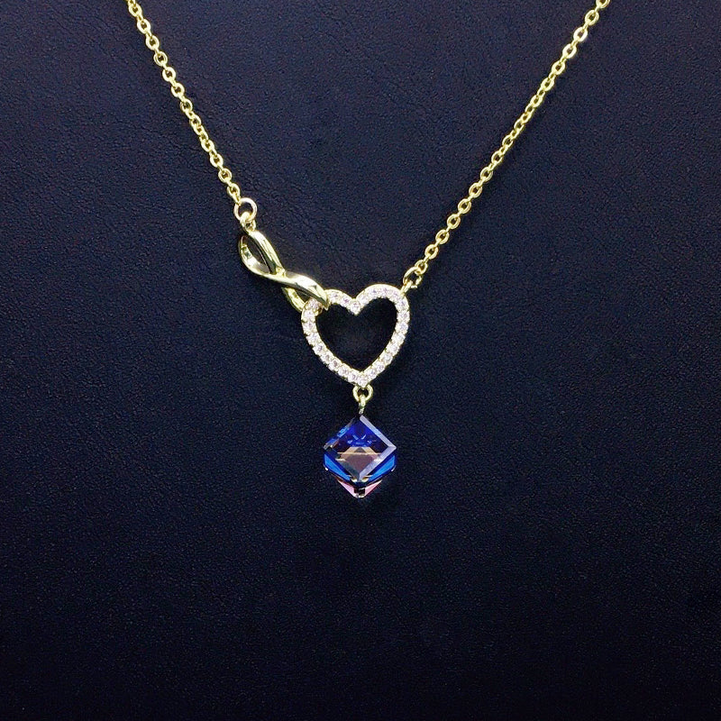 Sparkling Gold Infinity Heart Necklace with Blue Crystal Drop for Romantic Dates