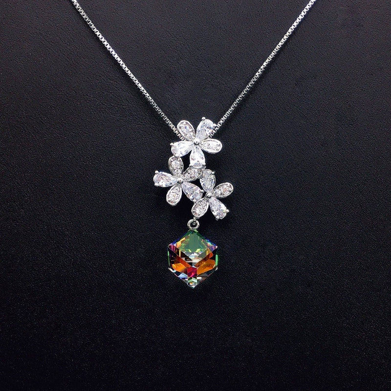 Sparkling Crystal Flower Necklace with Pink Hexagonal Drop for Romantic Dates