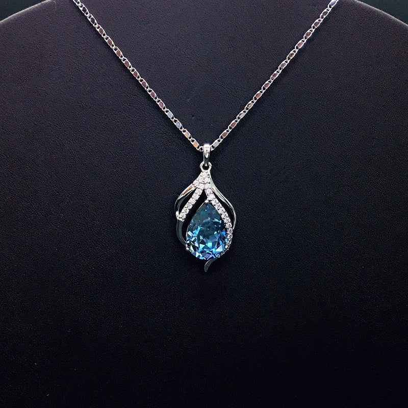 Chic Silver Necklace with Sparkling Blue Teardrop Crystal for Daily Sophistication