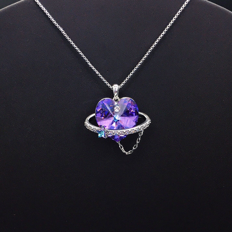 Elegant Silver Heart - shaped Planet Necklace with Purple Crystal for Formal Galas
