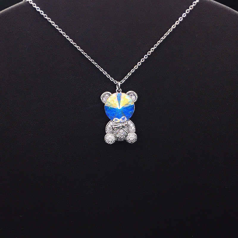 Trendy Teddy Bear Necklace with Blue Crystal and Bow for Fashion - lovers
