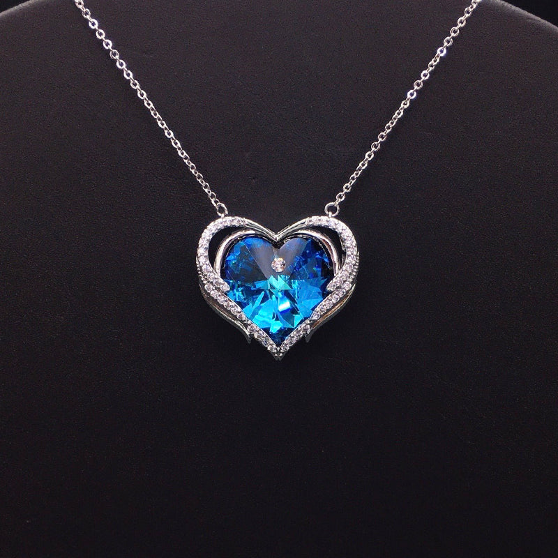 Glamorous Blue Crystal Heart Pendant Necklace with Silver Embellishments for Evening Events