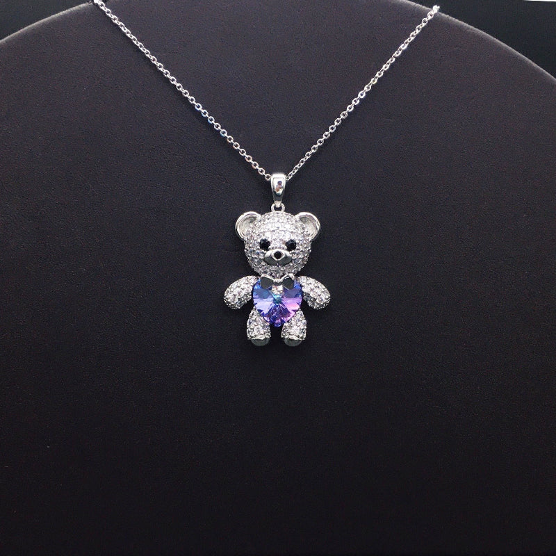 Elegant Silver Teddy Bear Pendant with Purple Heart Crystal for Casual Chic