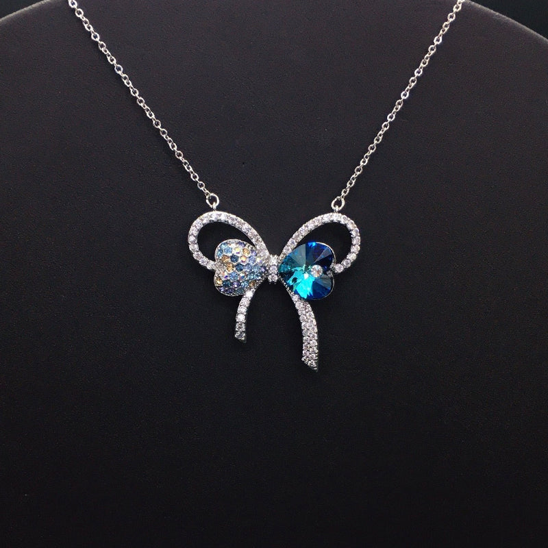 Glamorous Blue Crystal Bow Pendant Necklace for Evening Events