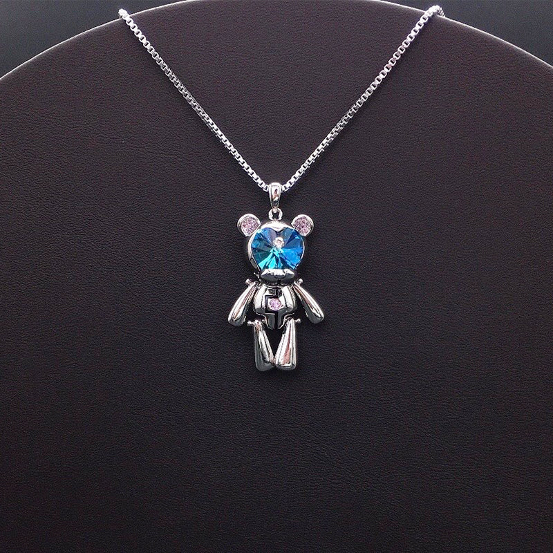 Edgy Silver Teddy Bear Necklace with Blue Crystal Face for Daily Street Style