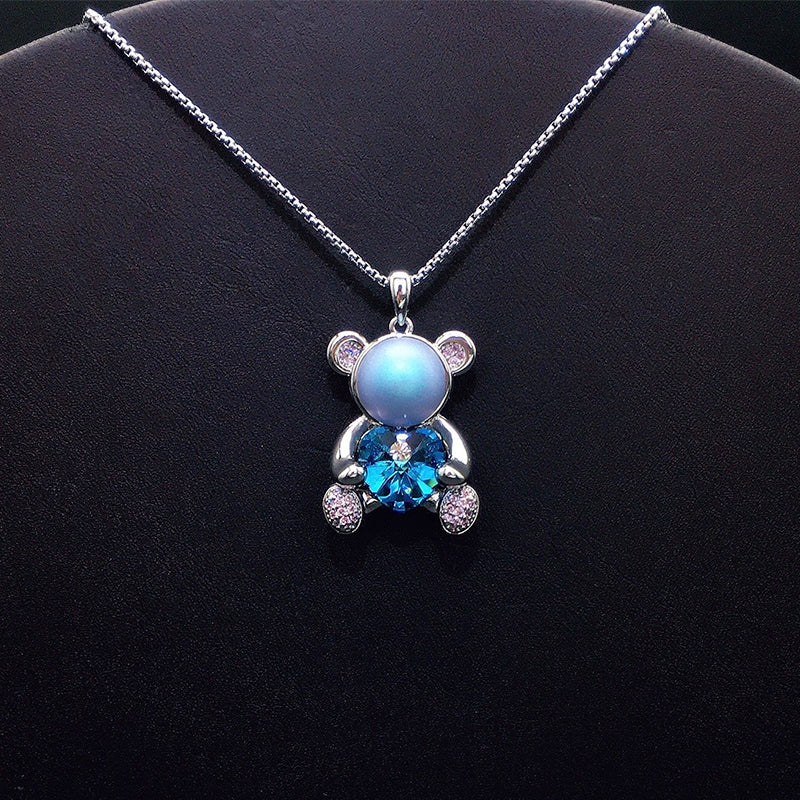 Elegant Silver Teddy Bear Pendant with Blue Heart Crystal for Casual Sweet Style
