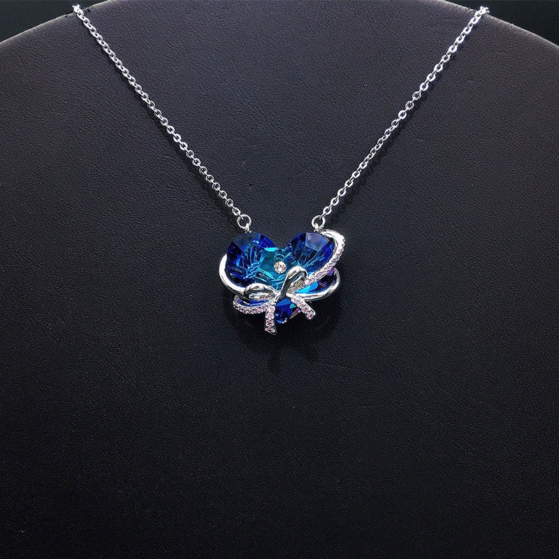 Glamorous Iridescent Crystal Heart Pendant Necklace with Bow for Evening Events