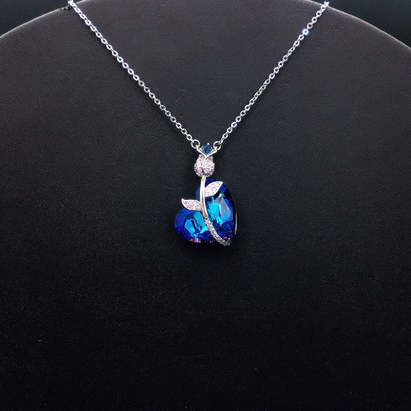 Glamorous Iridescent Crystal Heart Pendant Necklace with Pink Rose for Evening Events