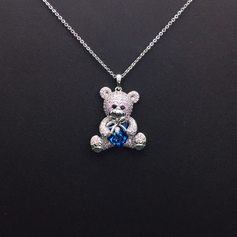 Charming Silver Teddy Bear Necklace with Pink Crystals and Iridescent Blue Heart for Daily Sweet Elegance