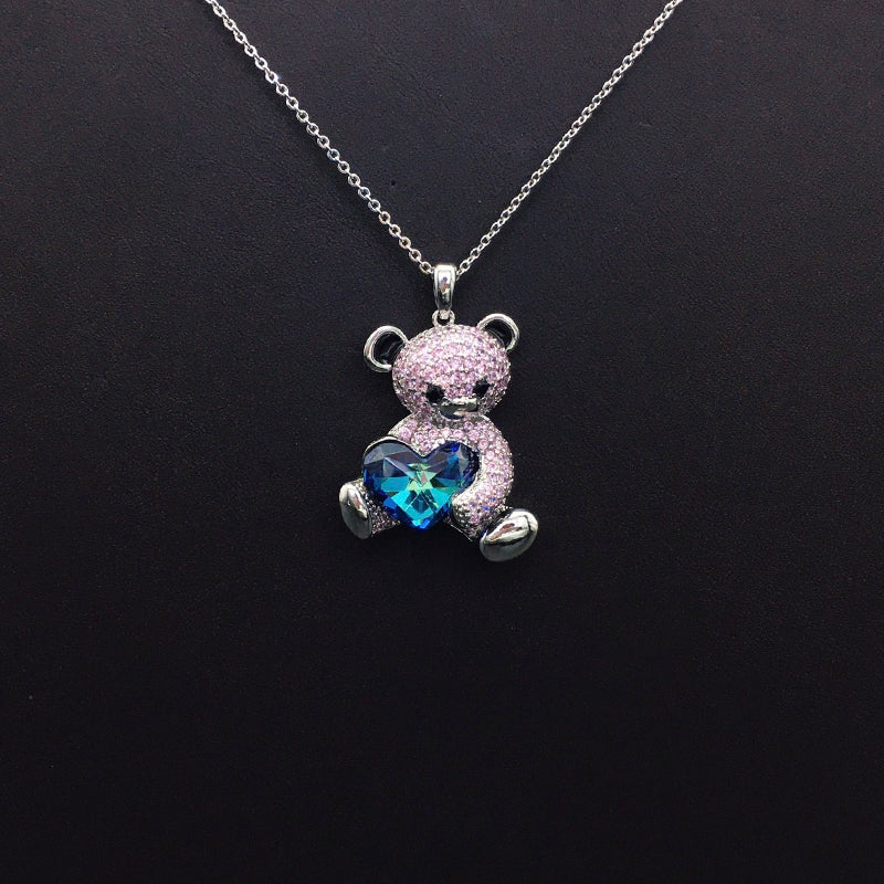 Charming Silver Teddy Bear Necklace with Pink Crystals and Iridescent Blue Heart for Daily Sweet Elegance