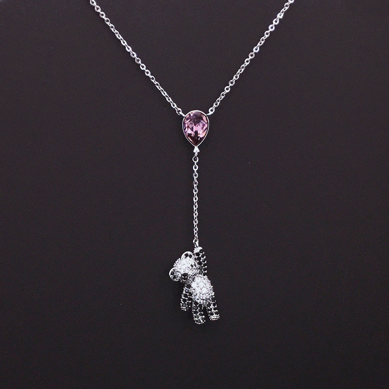 Sparkling Teddy Bear Blue Teardrop Crystal Lariat Necklace for Cute Daily Style