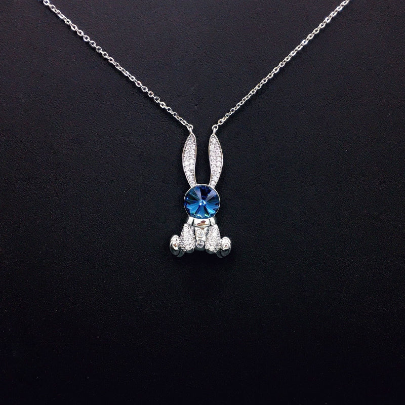Cute Bunny Blue Crystal Necklace with Sparkling Rhinestones for Daily Chic