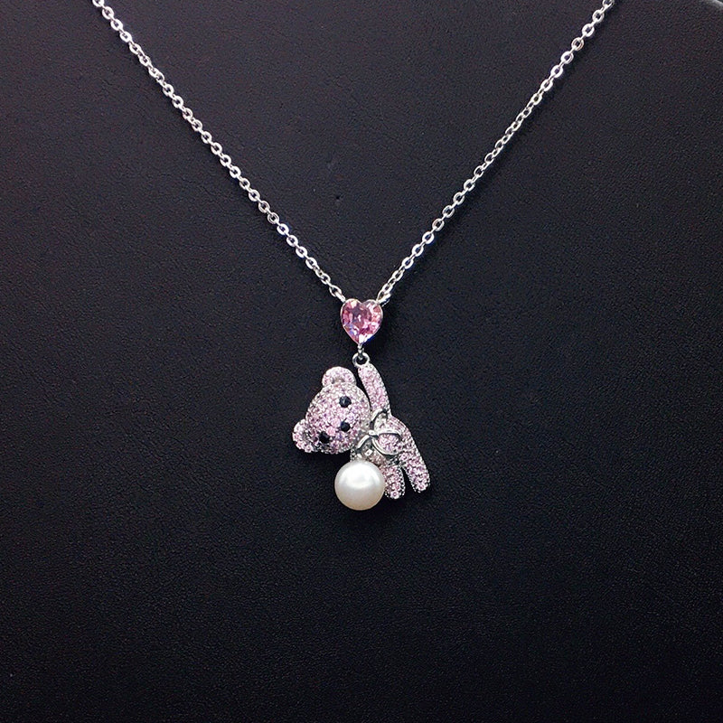 Sparkling Teddy Bear Necklace with Blue Heart Crystal & Pearl for Romantic Dates