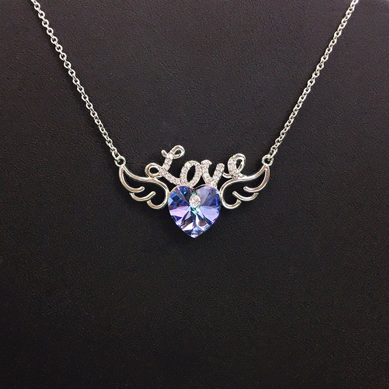 Sparkling Love Heart Wing Blue Crystal Necklace for Romantic Dates