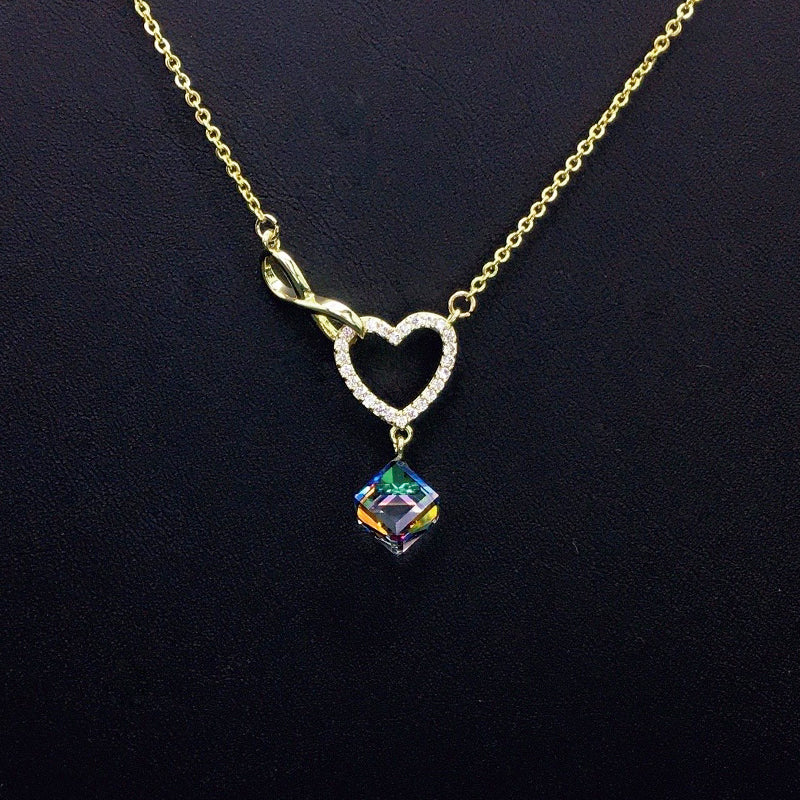 Sparkling Gold Infinity Heart Necklace with Blue Crystal Drop for Romantic Dates