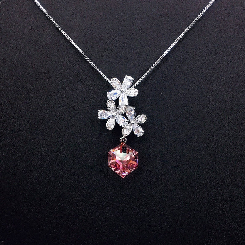 Sparkling Crystal Flower Necklace with Pink Hexagonal Drop for Romantic Dates