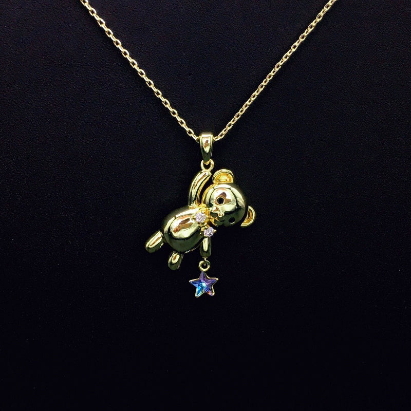 Cute Gold Teddy Bear Necklace with Blue Crystal Star for Daily Chic