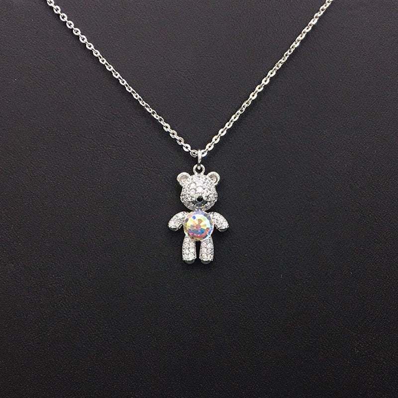 Cute Gold Teddy Bear Necklace with Blue Crystal Star for Daily Chic