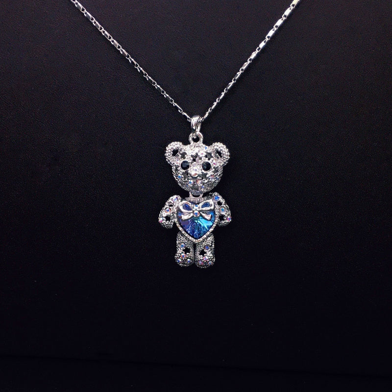 Charming Silver - Plated Teddy Bear Necklace with Blue Crystal Heart for Daily Wear