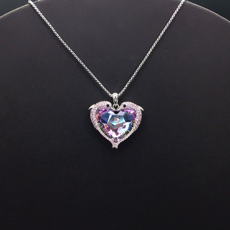 Elegant Silver Heart - shaped Necklace with Blue Crystal for Formal Events