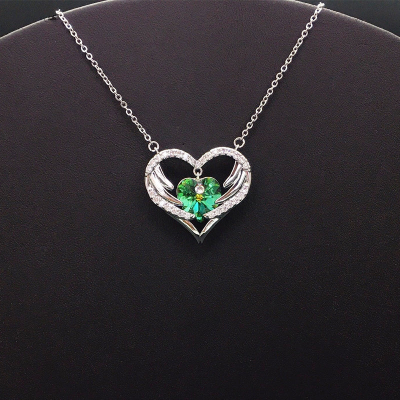 Elegant Silver Heart - shaped Necklace with Purple Crystal and Wings for Formal Galas
