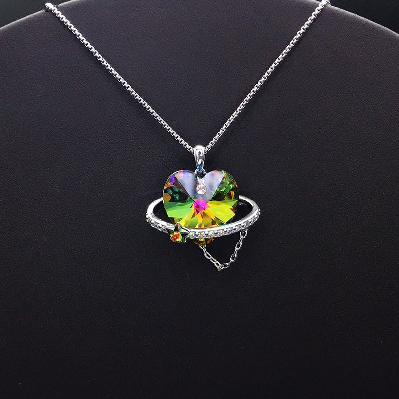 Elegant Silver Heart - shaped Planet Necklace with Purple Crystal for Formal Galas