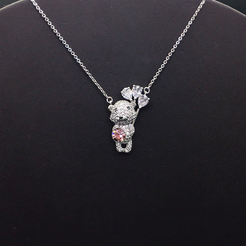 Trendy Teddy Bear Necklace with Blue Crystal and Balloons for Fashion - lovers