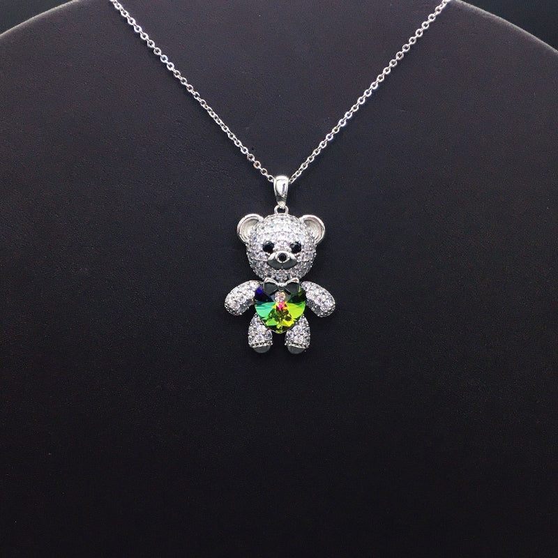 Elegant Silver Teddy Bear Pendant with Purple Heart Crystal for Casual Chic