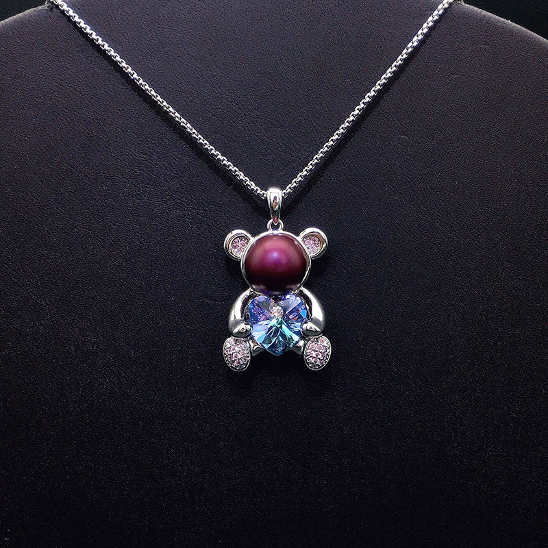 Elegant Silver Teddy Bear Pendant with Blue Heart Crystal for Casual Sweet Style
