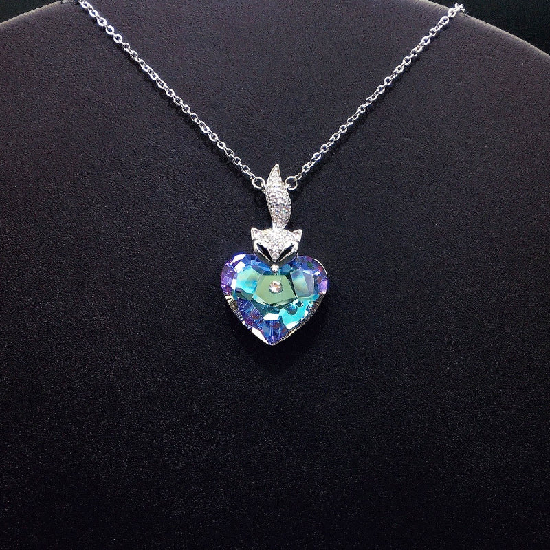 Elegant Silver Fox - Heart Necklace with Deep Blue Crystal for Formal Galas