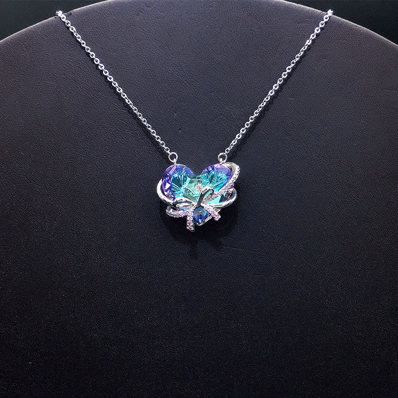 Glamorous Iridescent Crystal Heart Pendant Necklace with Bow for Evening Events